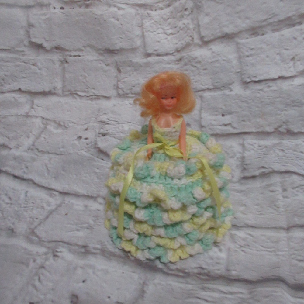 70s Vintage Toilet Tissue Cover Doll Pastel Green Yellow Good